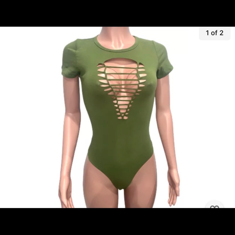 Green Slashed Stretchy Cleavage Bodysuit Top New S